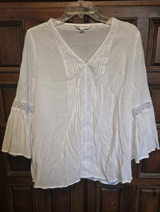 Counterparts Tops - Counterparts White Crochet Lace Pintuck Tunic Blouse L Flared Bell Sleeve Boho